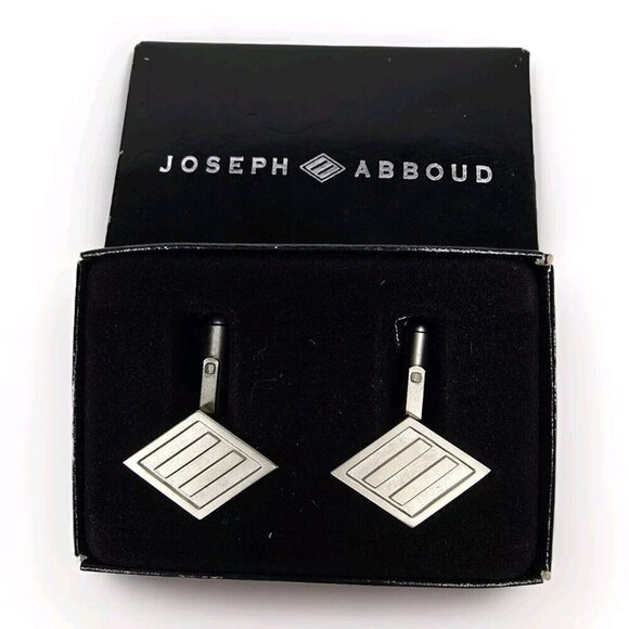 VTG JOSEPH ABBOUD Silver Tone Metal Men Cufflinks Logo Diamond Shape Hinged Back - Picture 1 of 5